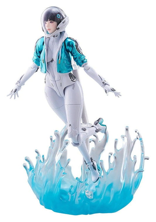 Max Factory figma Valby from The First Descendant posed above her translucent blue water effect part