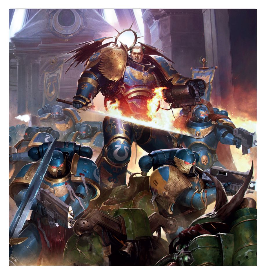 Illustration from The First Founding of Space Marines battling amid a gothic cityscape