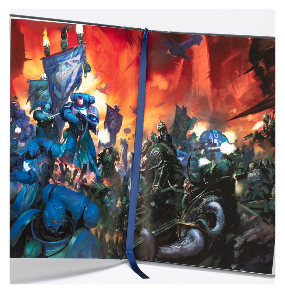 The First Founding open to a double-page artwork of Space Marine Chapters at war