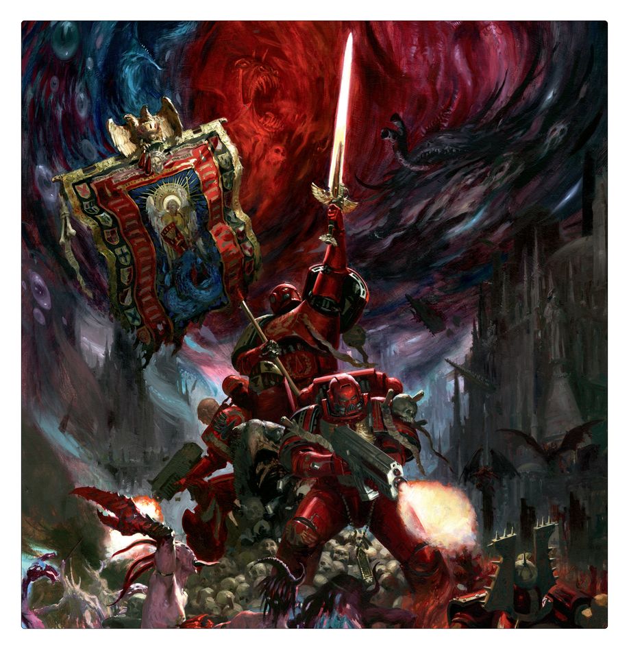 Illustration from The First Founding of a red-armoured Space Marine hero with sword and banner