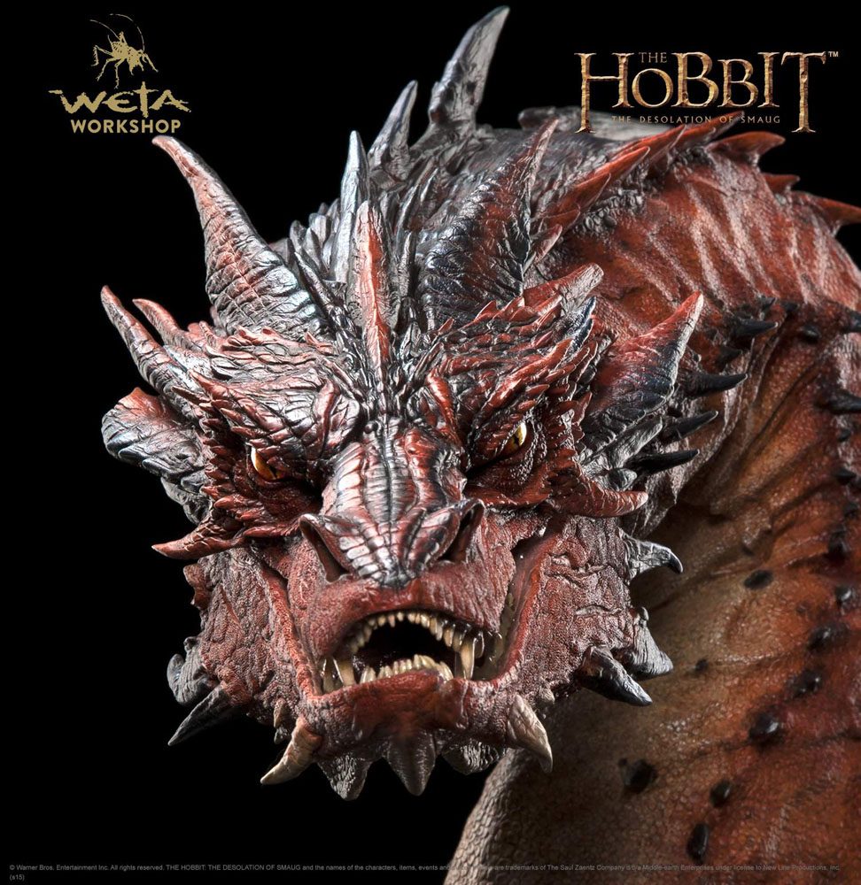 Weta Workshop Desolation of Smaug bust, close-up of Smaug's face, head-on