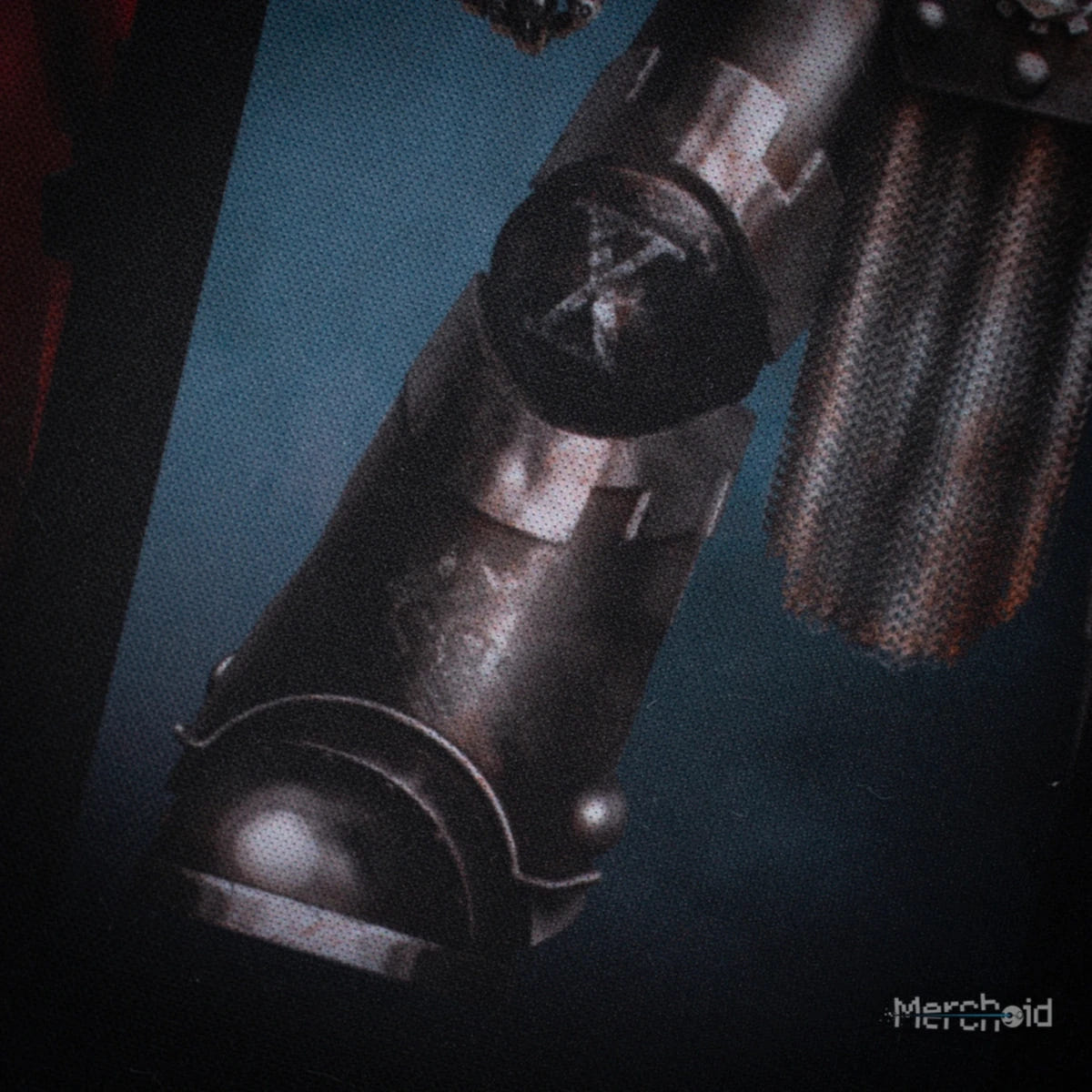 Close-up of the desk mat's dark armoured gauntlet artwork
