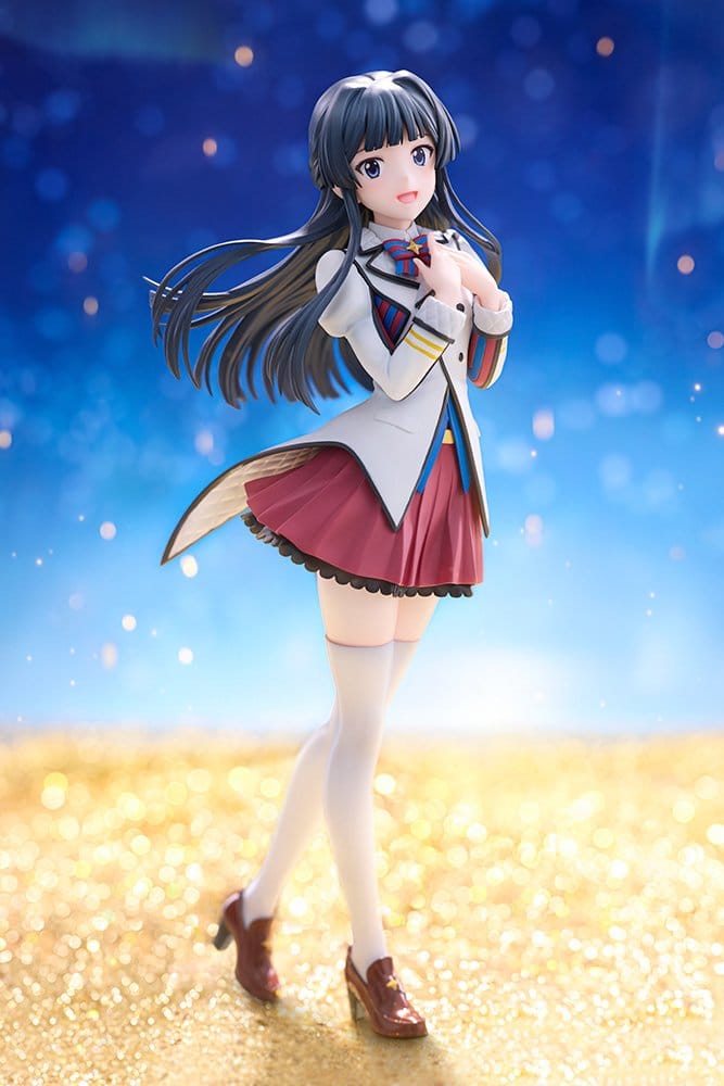 Shizuka Mogami figure in Starting Bloom outfit against a sparkling blue and gold backdrop