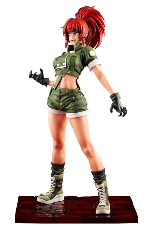 Kotobukiya KOF '97 Orochi Leona Bishoujo statue in green military outfit on red brick base, front view