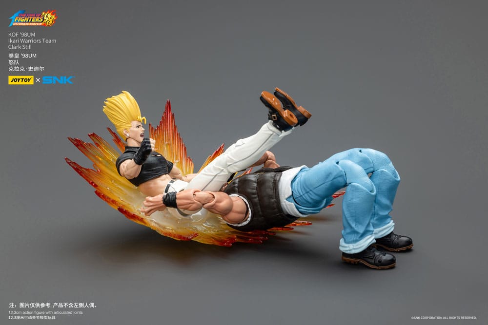 JoyToy King of Fighters '98 Clark Still figure slamming an opponent with flame effect, closer view on grey