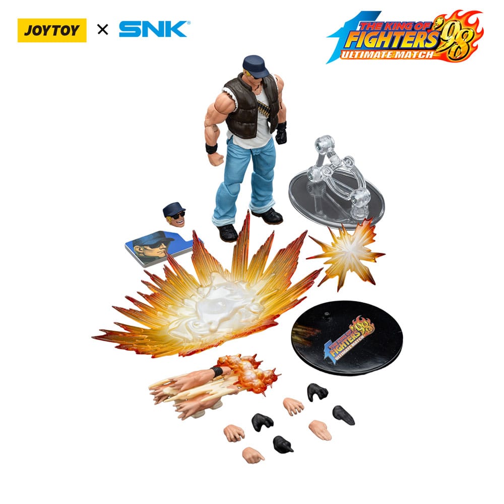 JoyToy King of Fighters '98 Clark Still figure with flame effects, stands, hands and head laid out