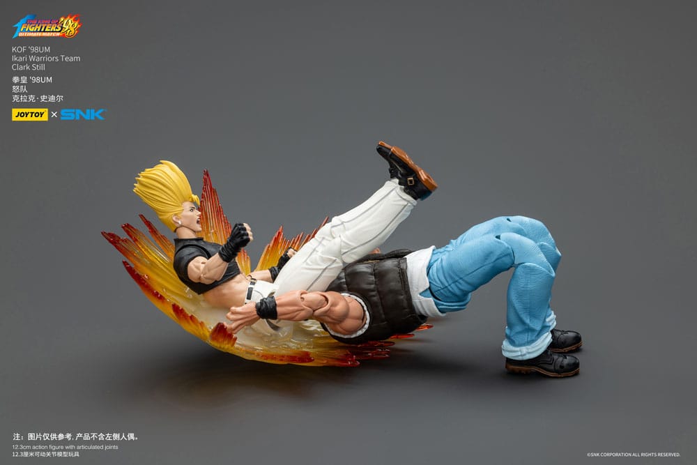 JoyToy King of Fighters '98 Clark Still figure slamming an opponent figure with flame effect, on grey