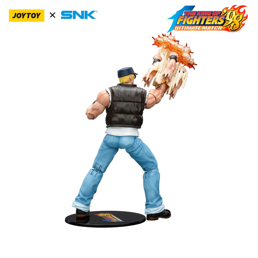 JoyToy King of Fighters '98 Clark Still figure punching with flaming fist effect on display stand, on white