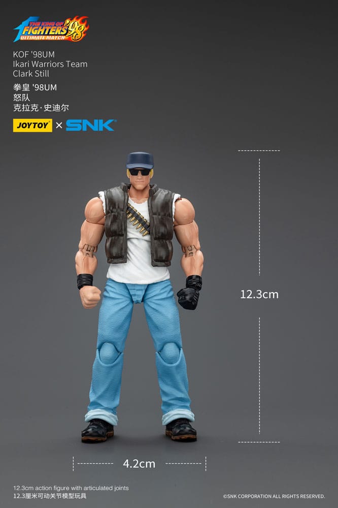 JoyToy King of Fighters '98 Clark Still figure with 12.3 cm by 4.2 cm size markings, on grey