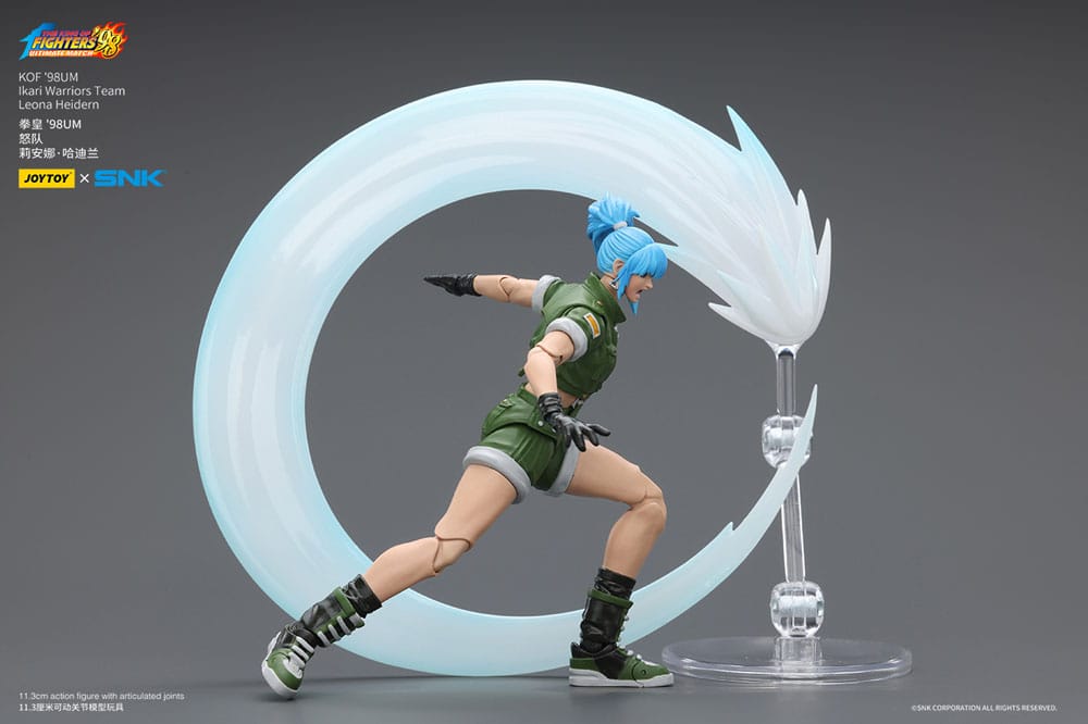 JoyToy King of Fighters '98 Leona Heidern figure lunging inside a large white arc slash effect, on grey