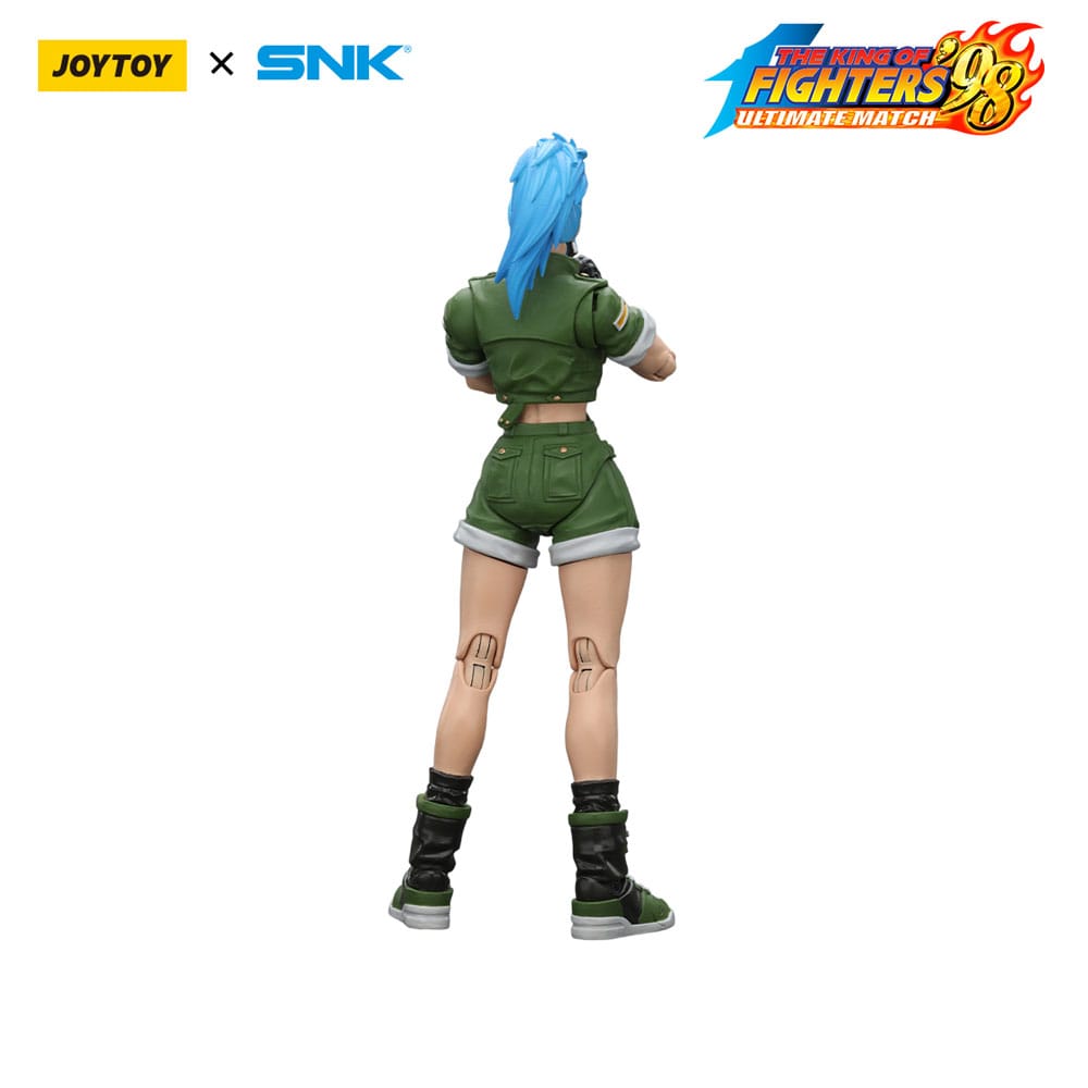 JoyToy King of Fighters '98 Leona Heidern figure, rear view showing ponytail, on white