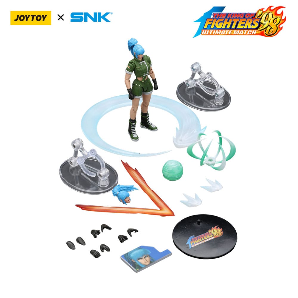 JoyToy King of Fighters '98 Leona Heidern figure with slash effects, stands, hands and head laid out, on white