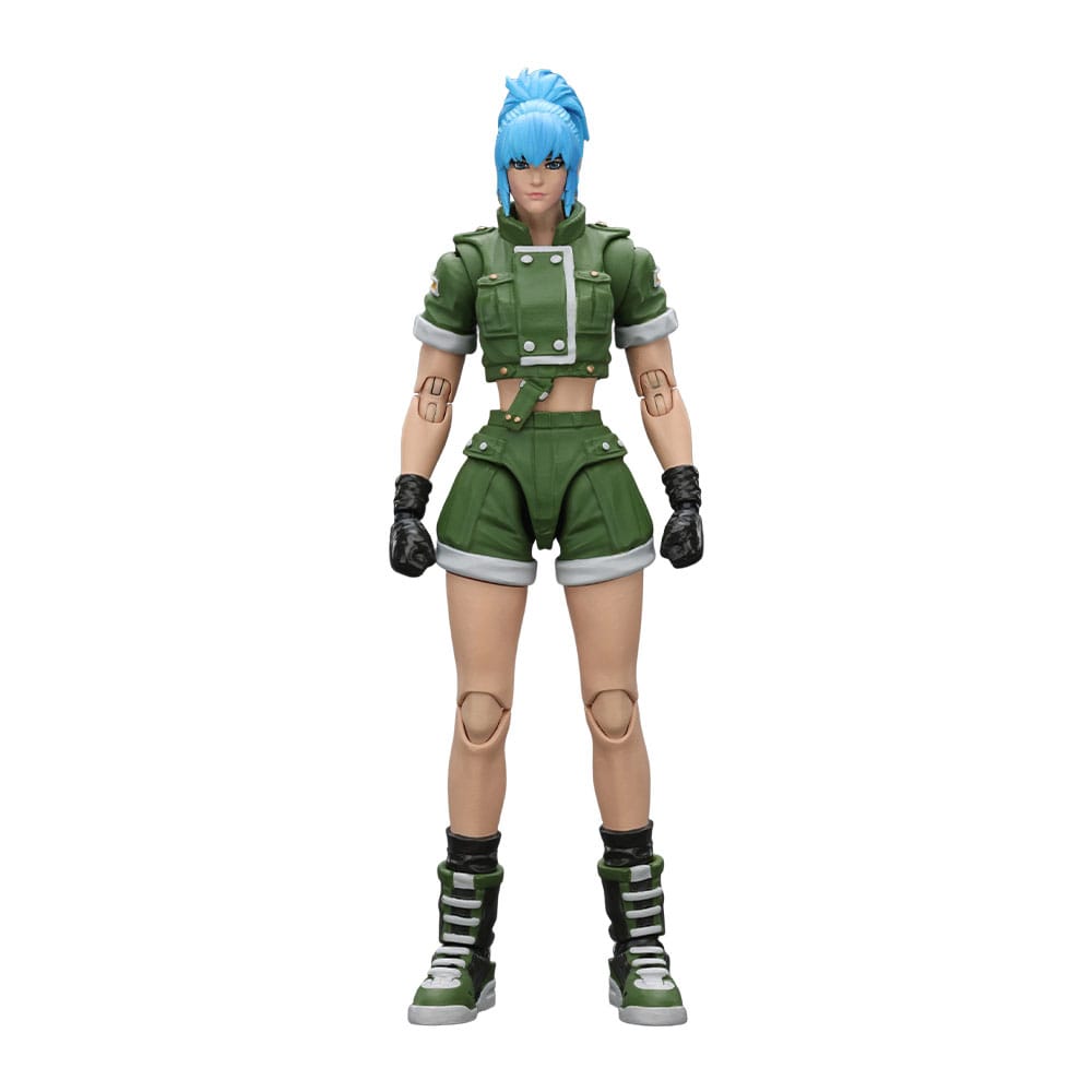 JoyToy King of Fighters '98 Leona Heidern figure, front view in green uniform with blue hair, plain white