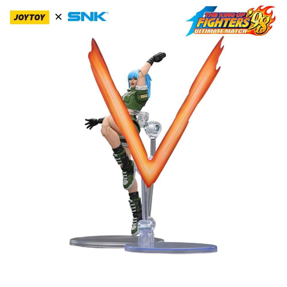 JoyToy King of Fighters '98 Leona Heidern figure high-kicking with orange V-slash effect on stand, on white
