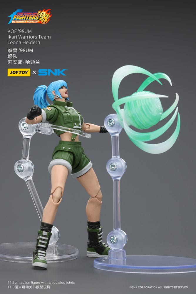 JoyToy King of Fighters '98 Leona Heidern figure with green energy ring effect on clear stands, on grey