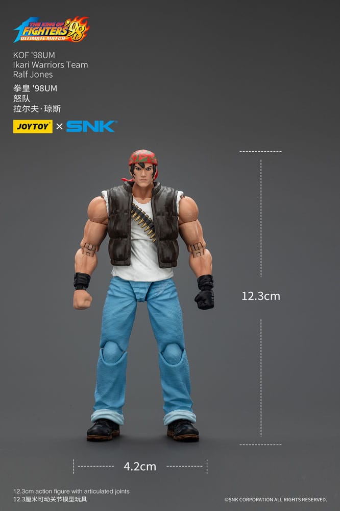 JoyToy King of Fighters '98 Ralf Jones figure with 12.3 cm by 4.2 cm size markings, on grey