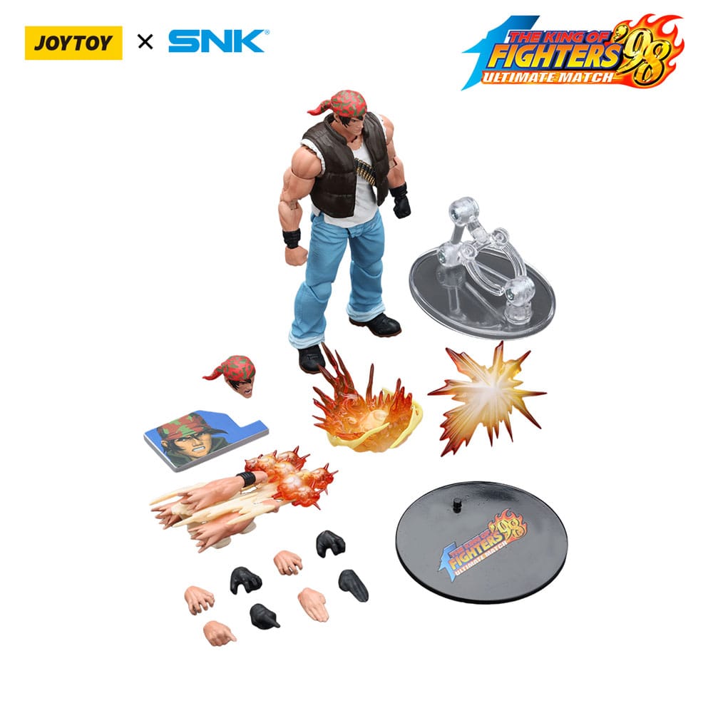 JoyToy King of Fighters '98 Ralf Jones figure with flame effects, stands, hands and head laid out