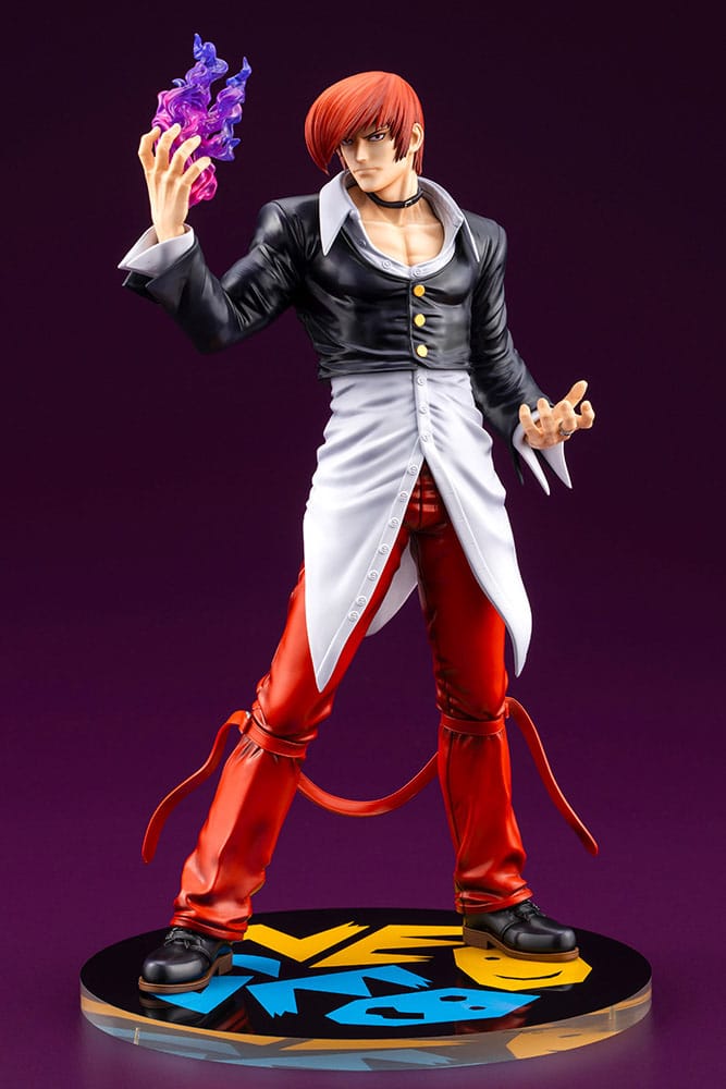 Front view of the SNK Iori Yagami statue in black jacket and red trousers