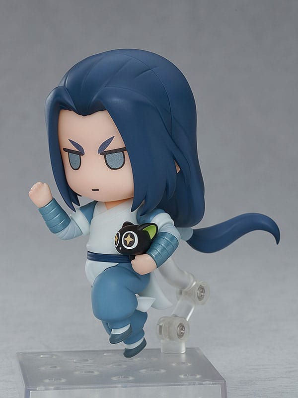 Wuxian Nendoroid with comical face-plate beside a black cat figure