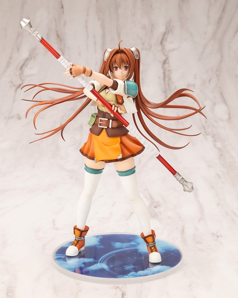 Estelle Bright figure front view, staff held across her body, long twin tails flowing