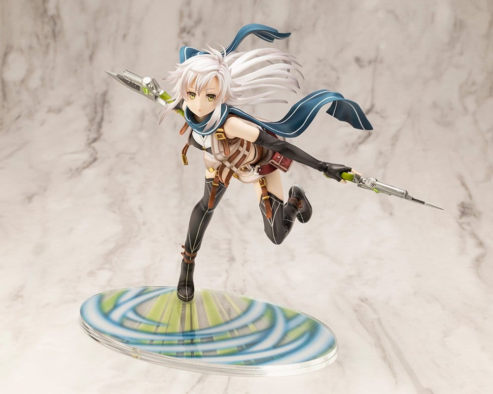 Fie Claussell figure mid-dash with blue scarf flowing, front view on marble backdrop