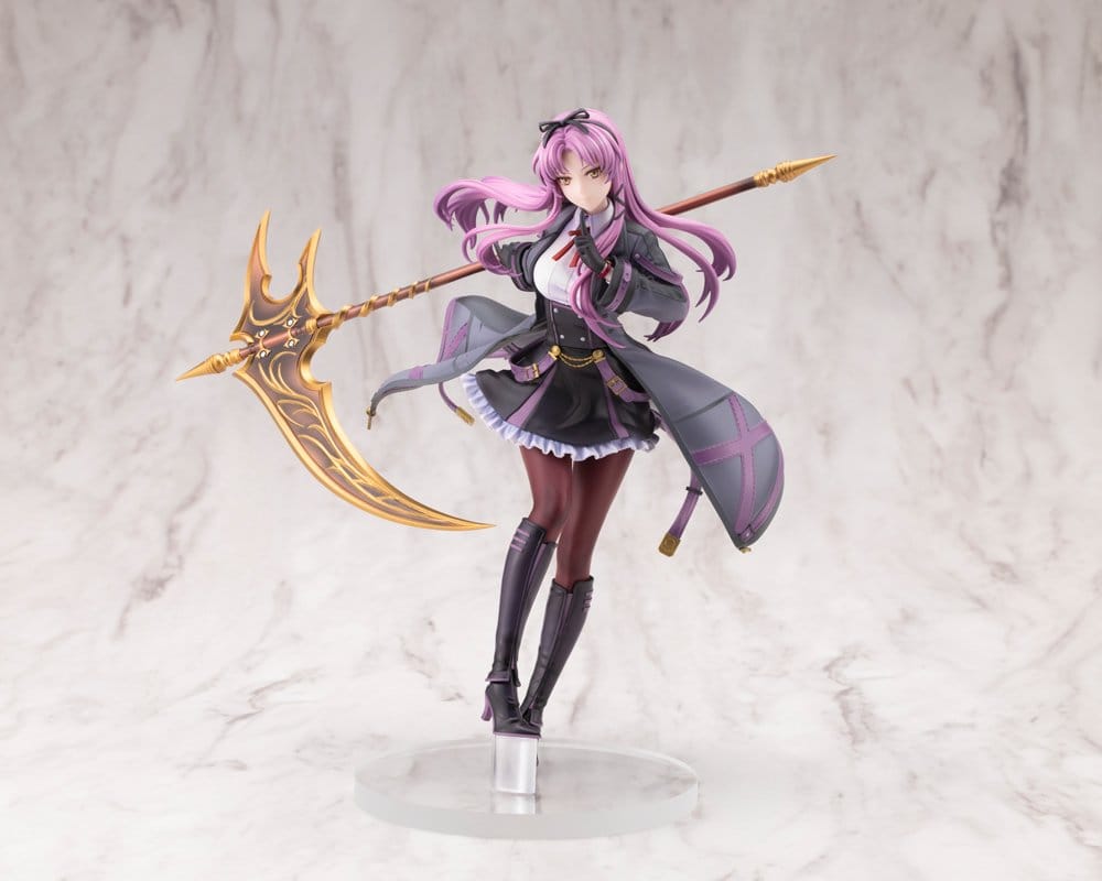 Renne Bright Ver.2 figure holding scythe across her shoulders, front view on marble backdrop