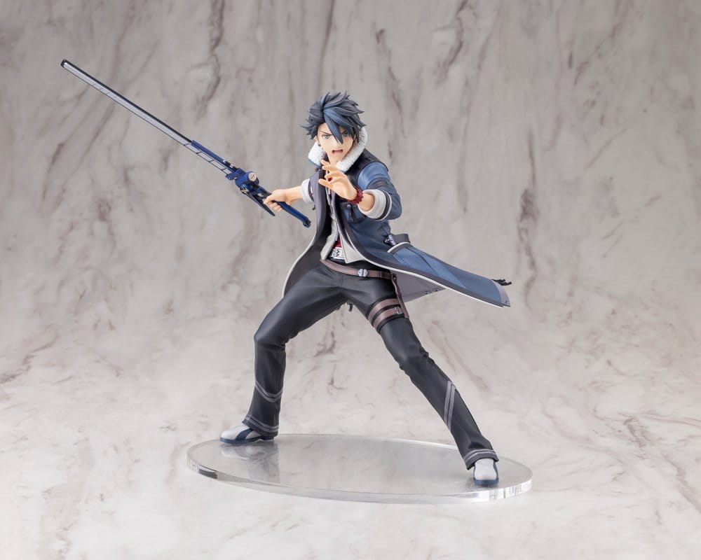 Van Arkride 1/8 figure front view on marble backdrop, Stun Caliber held out behind him