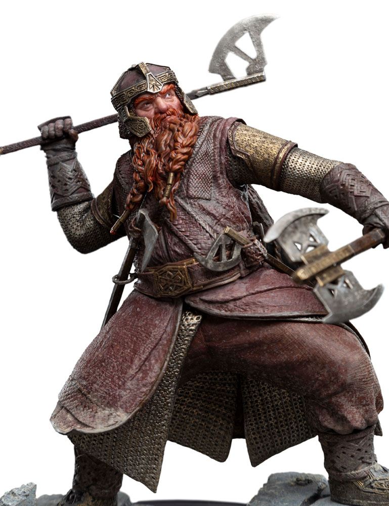 Close-up of Gimli's upper body and axes on the Weta Figures of Fandom statue