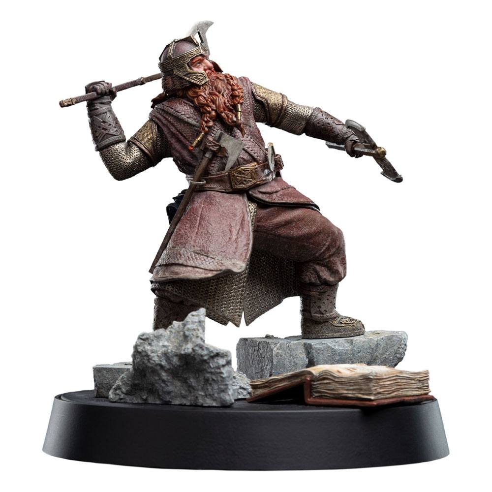Weta Workshop Figures of Fandom Gimli PVC statue, 19cm, axes raised on a rocky base, front view