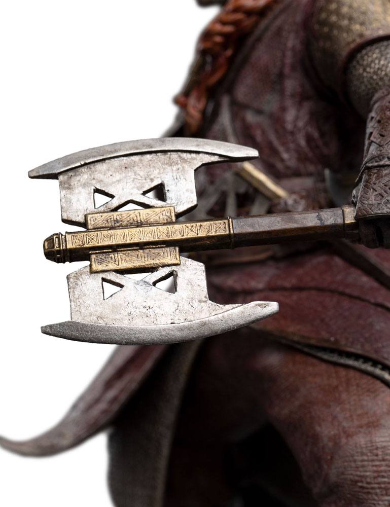 Close-up of Gimli's double-bladed axe on the Weta Workshop statue