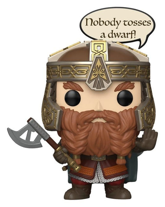 Funko POP! Gimli from The Lord of the Rings with axe and "Nobody tosses a dwarf!" speech bubble