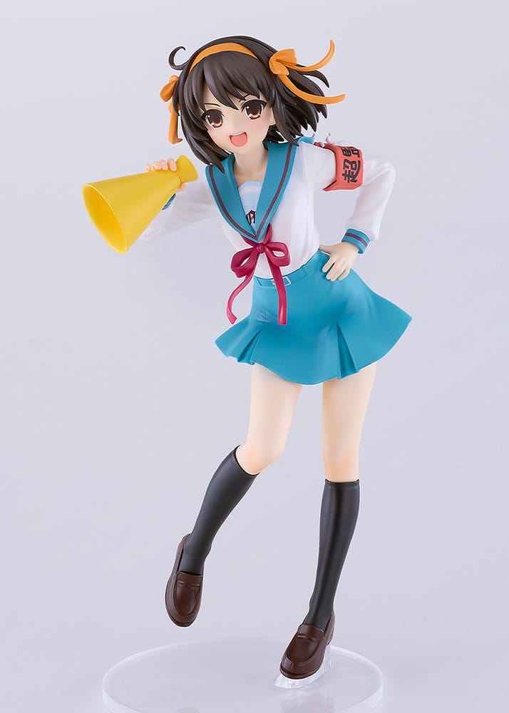 Haruhi Suzumiya Pop Up Parade figure in sailor uniform on clear base, full front view, grey background