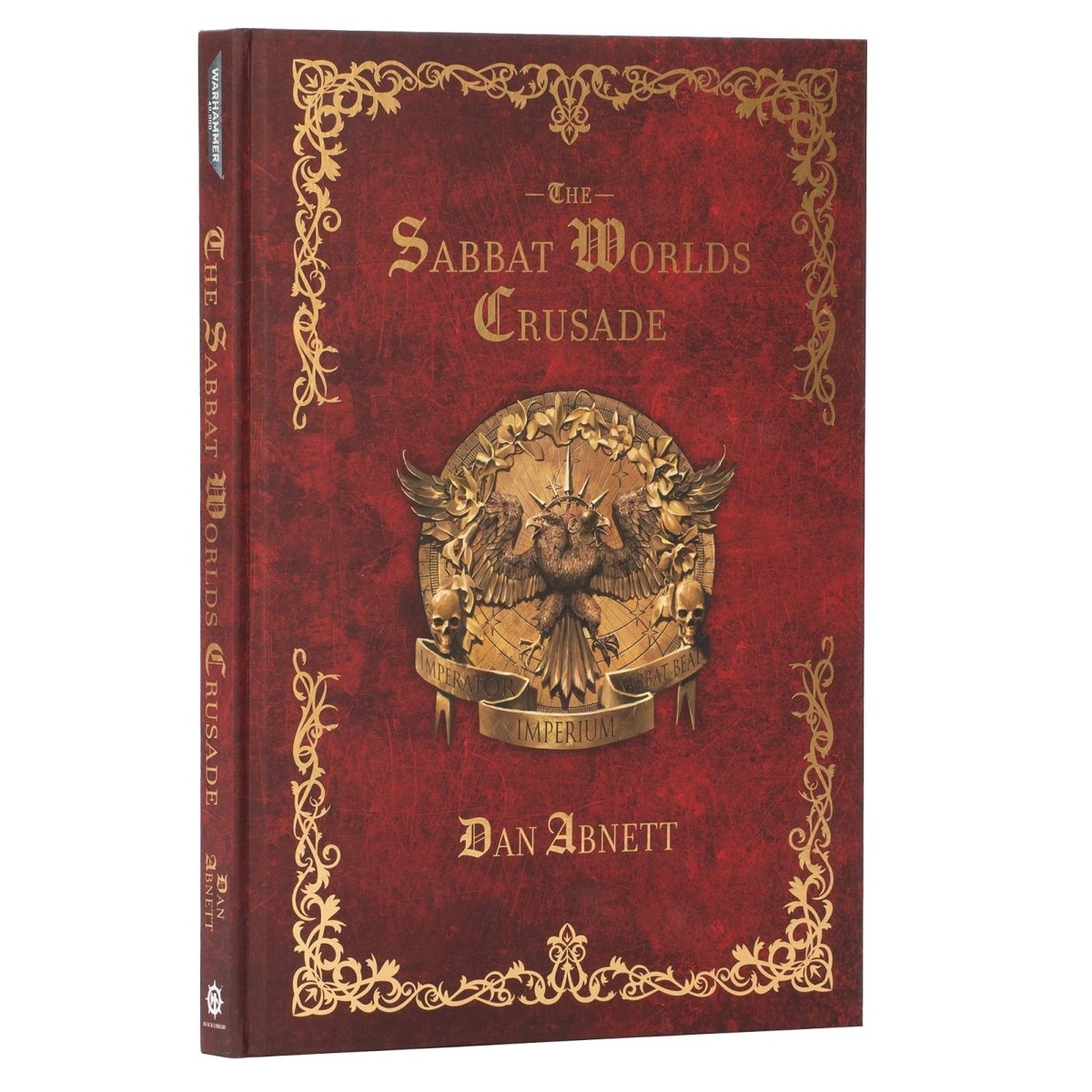 Book titled 'The Sabbat Worlds Crusade' by Dan Abnett with ornate design on a white background