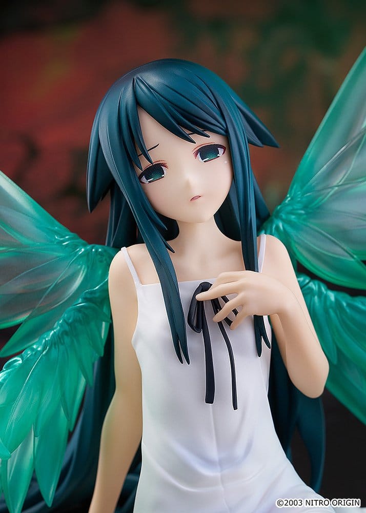 Close-up of Saya's face, dark teal hair and white dress on the Pop Up Parade figure