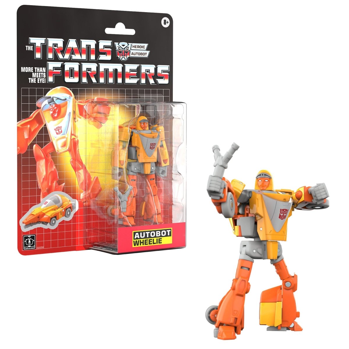 Transformers Retro G1 Autobot Wheelie shown beside its retro card packaging in robot mode