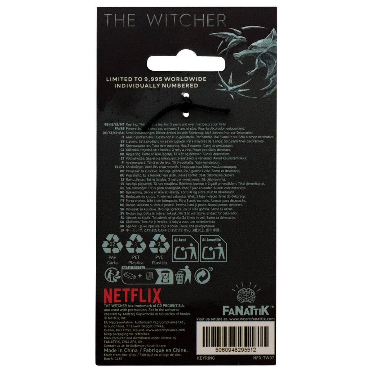Back of the Fanattik The Witcher keyring card, limited to 9,995 and individually numbered
