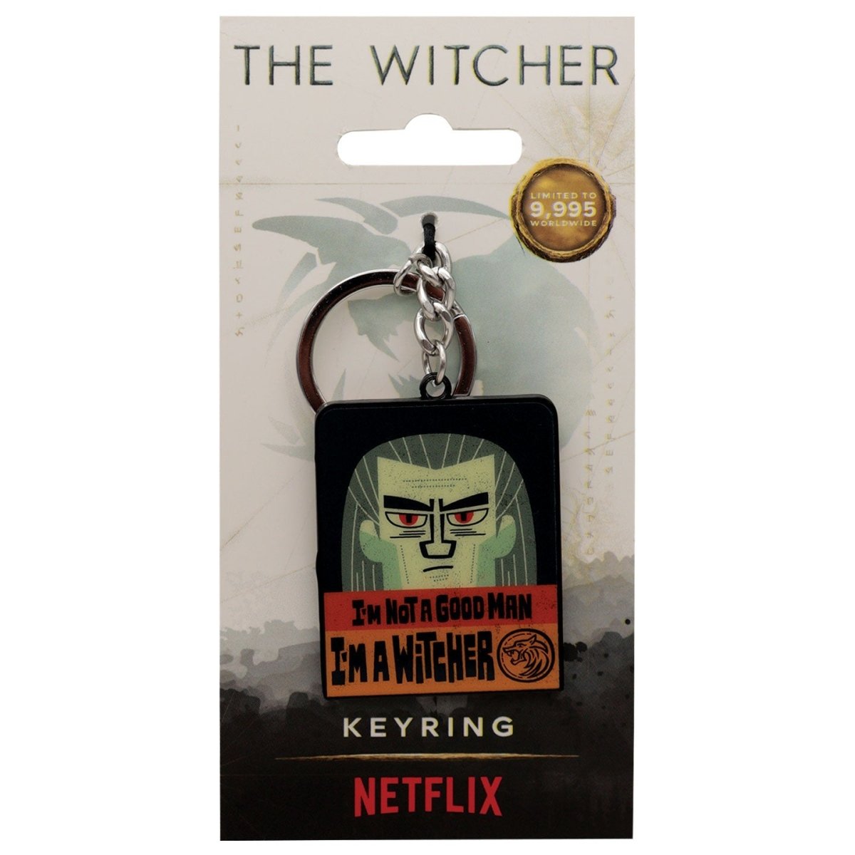Fanattik The Witcher keyring on its Netflix backing card, showing Geralt and I'm a Witcher slogan