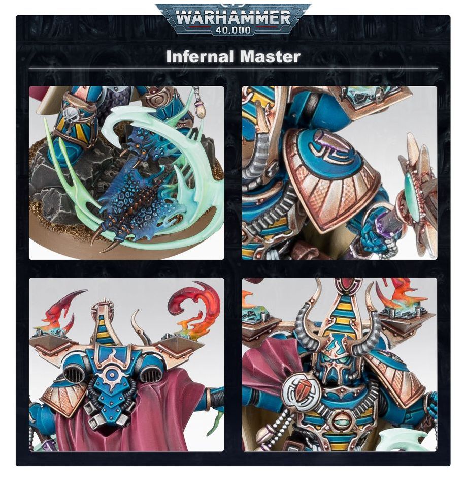 Close-up details of the painted Thousand Sons Infernal Master: helm, cloak, stave and Screamers