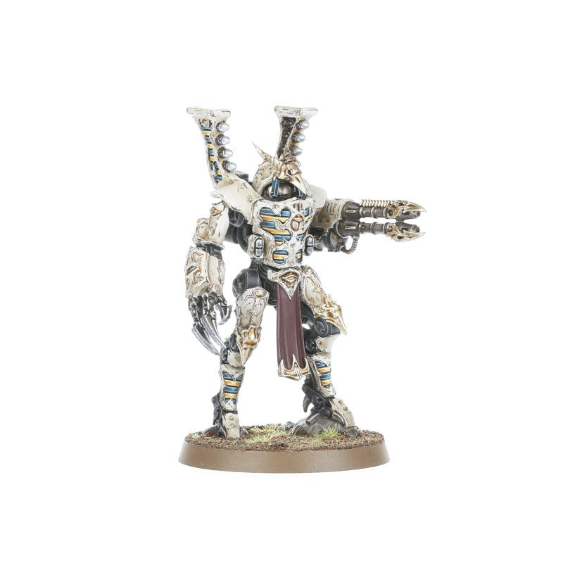 Painted Sekhetar Robot with a power claw and flamer, three-quarter view