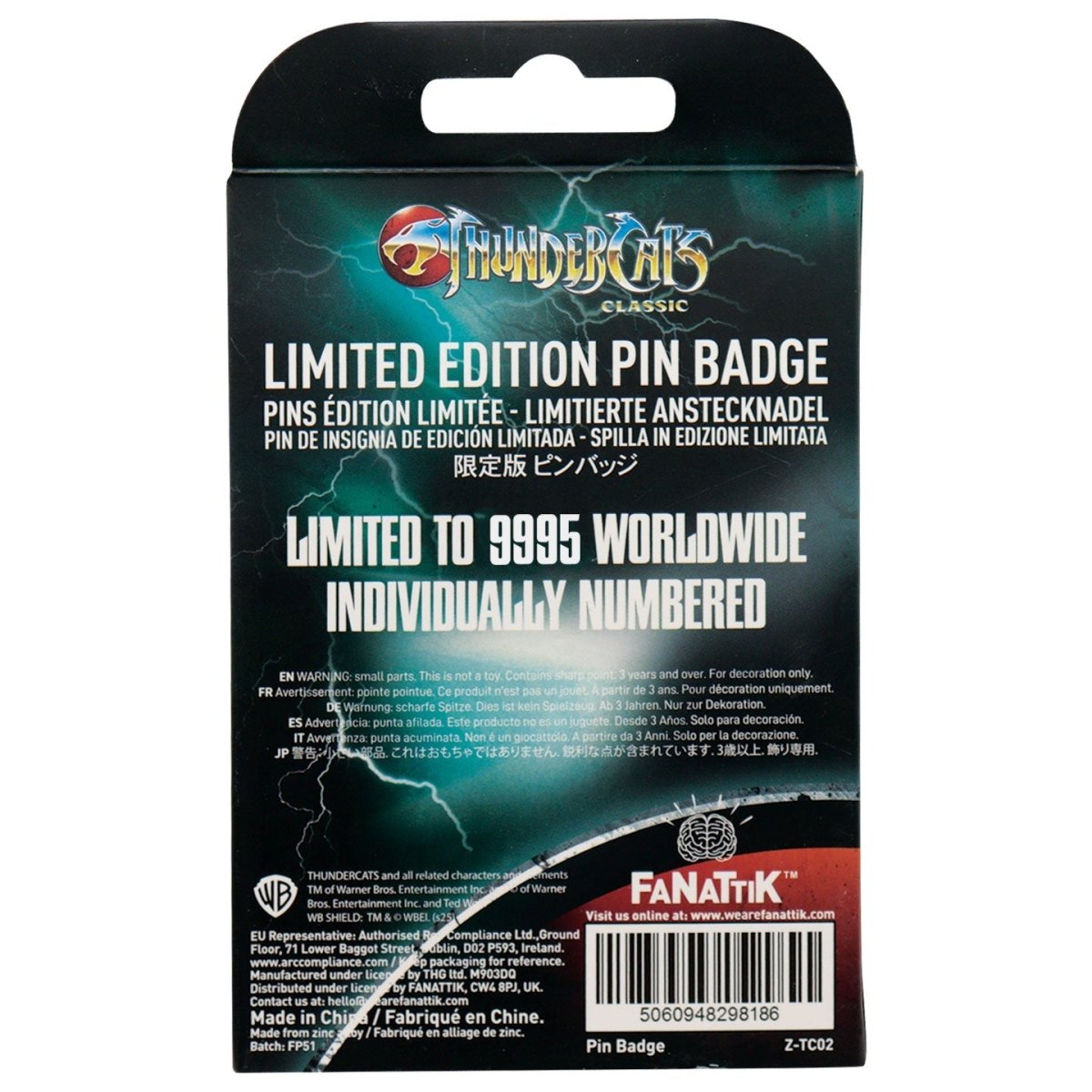 Back of the Fanattik ThunderCats Mumm-Ra pin badge card, limited to 9,995 and numbered