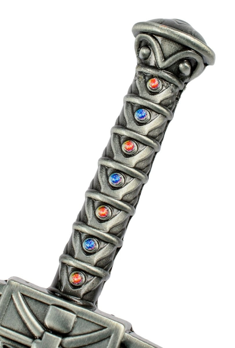 Close-up of the jewelled grip on the Sword of Omens bottle opener