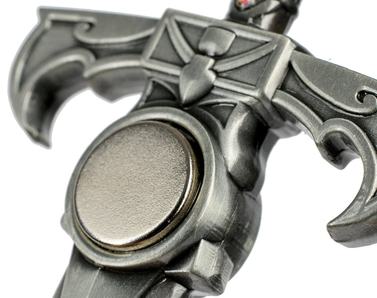 Close-up of the reverse of the Sword of Omens bottle opener cross-guard