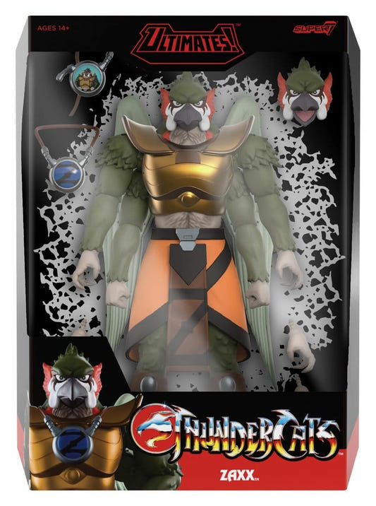 Super7 ThunderCats Ultimates Zaxx in window box packaging with his accessories