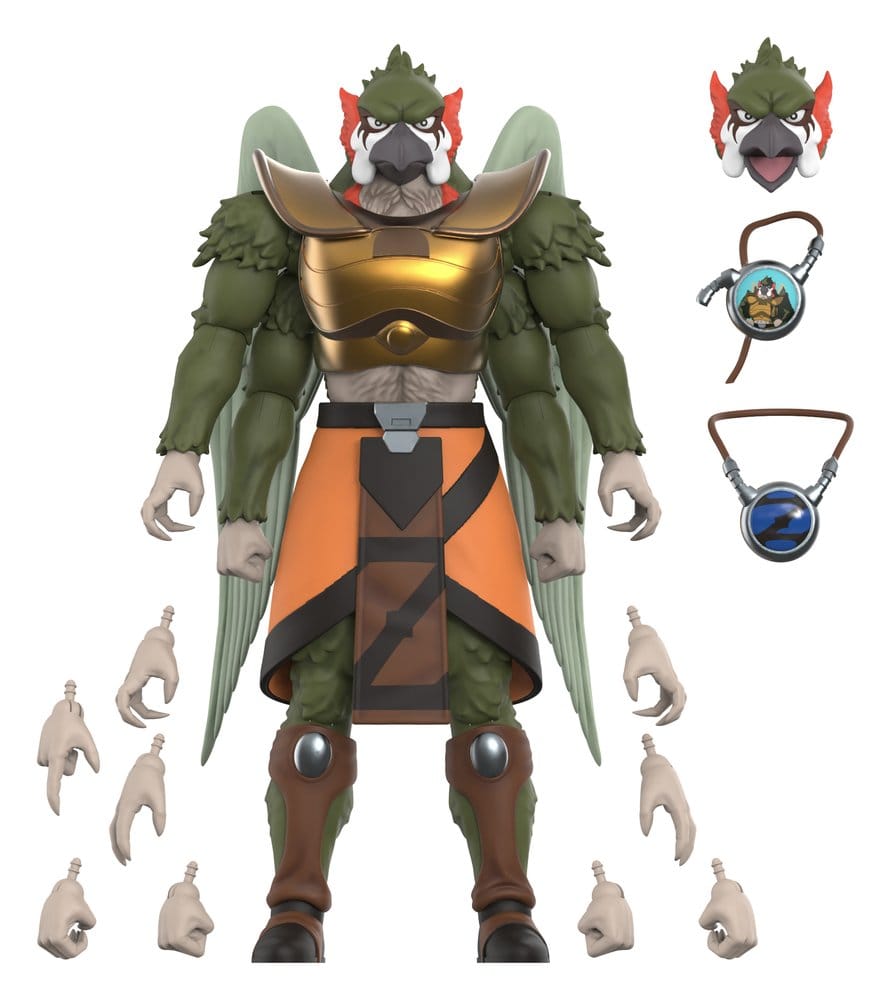 Super7 ThunderCats Ultimates Zaxx winged figure, front view with alternate head and medallions