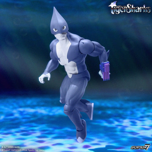 Super7 TigerSharks Ultimates Mako swimming underwater in hybrid form, lifestyle shot