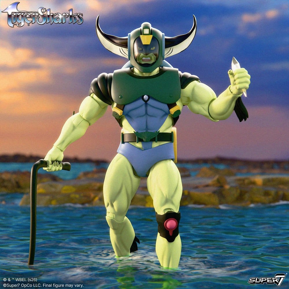 Super7 TigerSharks Ultimates T-Ray wading ashore at sunset holding his battle whip