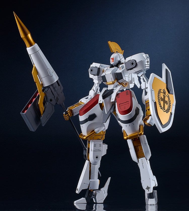 MODEROID SIDE:GR Vector built kit front view holding lance, missile pod and crest shield