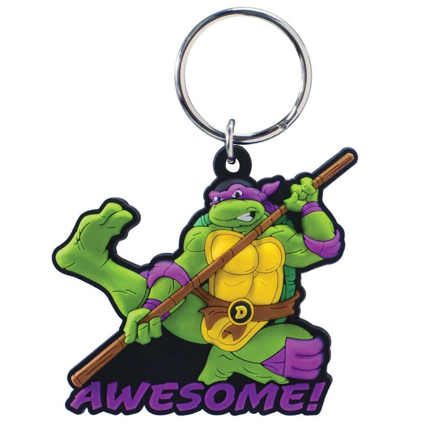 TMNT Donatello soft touch PVC charm in purple mask with bo staff and AWESOME! lettering, on a key ring