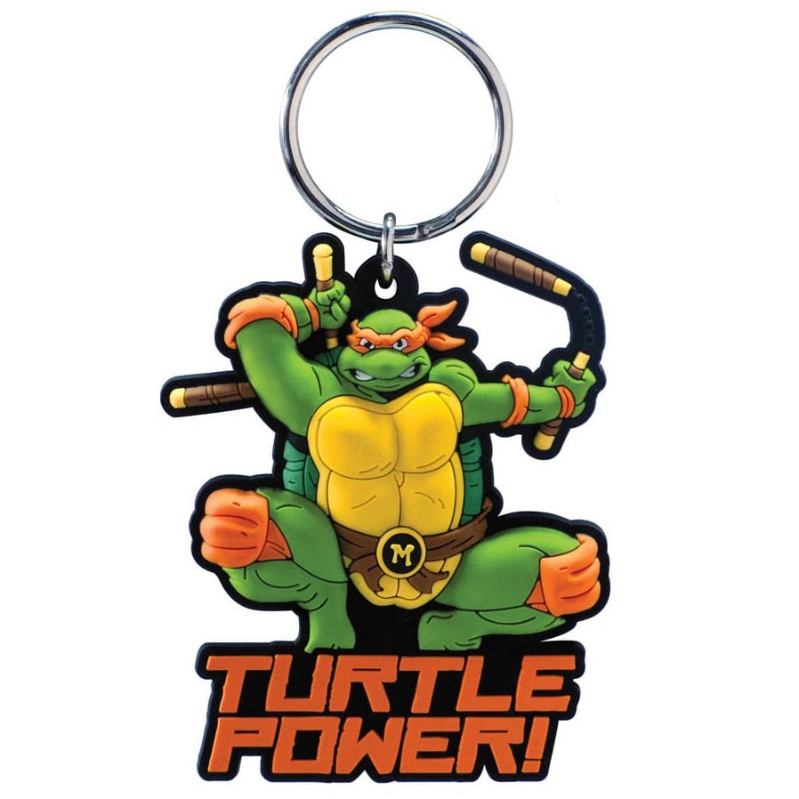 TMNT Michelangelo soft touch PVC bag clip with nunchucks and Turtle Power slogan