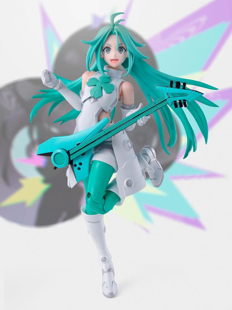 Lucky Cyan S.H.Figuarts figure in a dancing pose playing the combat guitar
